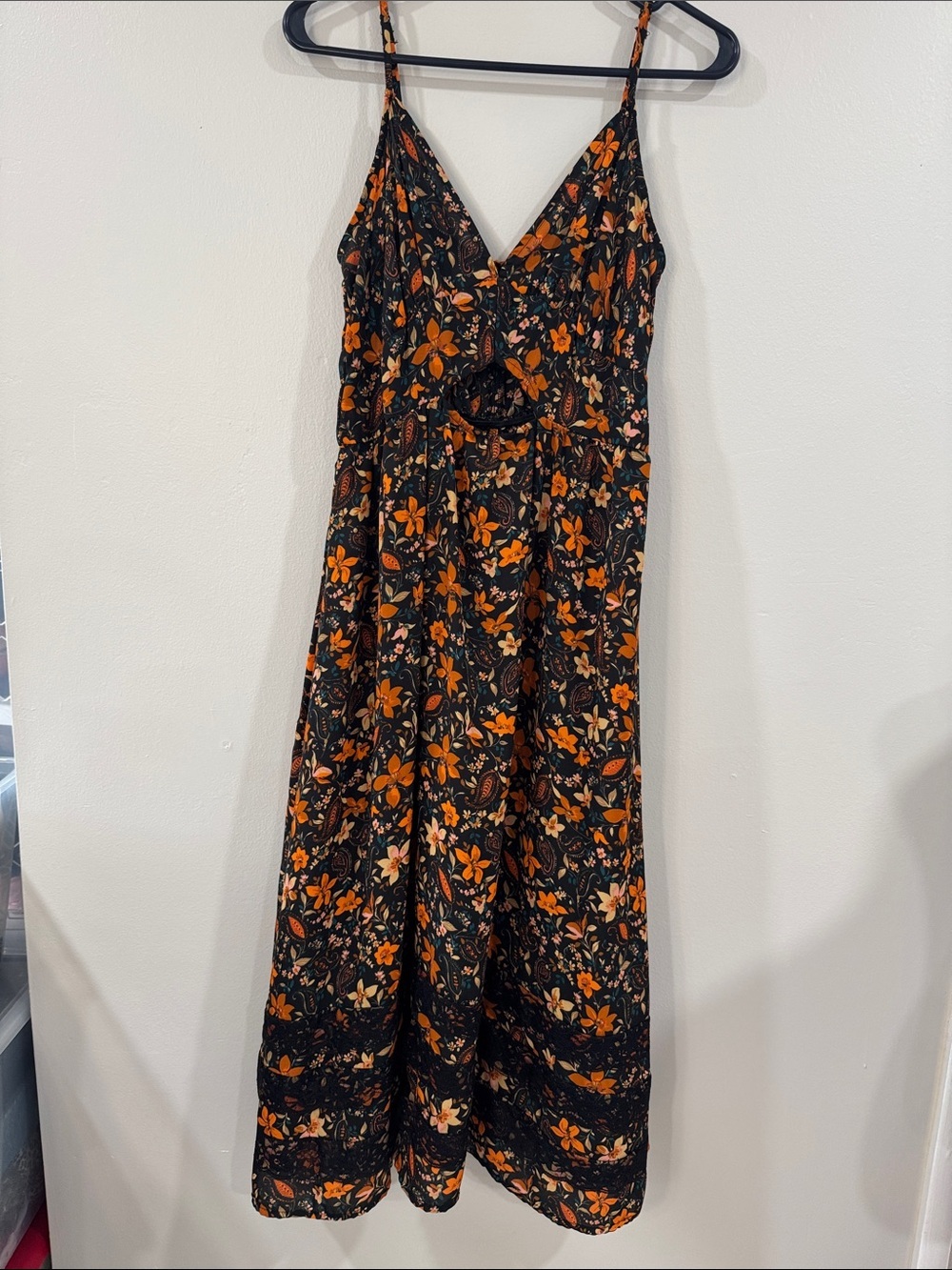 Max + Ash Floral V-Neck cutout Midi Dress in Black and Orange boho lace